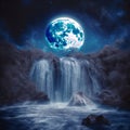 luminous night waterfall under the moon