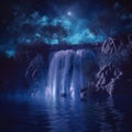 luminous night waterfall under the moon Royalty Free Stock Photo