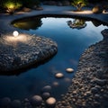 Luminous Oasis Amongst Stones Illuminated Pond - Nature\'s Artwork Serenity Pool with Gleaming Light Royalty Free Stock Photo