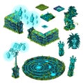 Luminous objects turquoise color. Totem, stone fence, lamppost. The set of elements of architecture and symbols of the