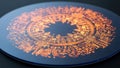 Macro shot capturing the intricate luminous orange circuit board pattern etched circularly onto a reflective dark blue Royalty Free Stock Photo