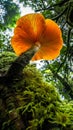 Luminous orange mushroom on a mossy tree trunk Royalty Free Stock Photo