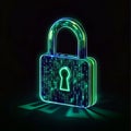 Glowing digital padlock represents cybersecurity with binary code raining down against a black background Royalty Free Stock Photo