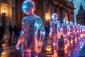 Luminous Parade of Figures Decked in Sparkling Blue Lights by Historic Building