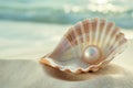 Luminous Pearl in Seashell on Sandy Beach with Ocean Backdrop Royalty Free Stock Photo