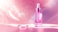 A luminous pink serum bottle with dropper, highlighted by sparkling light reflections and water droplets, invoking a sense of