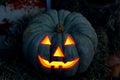 Luminous pumpkin jack lamp halloween bright ominous smile background festive