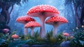 Luminous Red and White Toadstools in a Mystical Forest at Night Royalty Free Stock Photo
