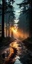 Luminous Reflections: A Foggy Road In The Turquoise Sunrise Forest