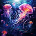 Luminous Seas: Ethereal jellyfish illuminating the depths of an underwater paradise