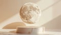 A luminous sphere resembling the moon hovers above a cylindrical pedestal in a minimalistic setting, Generative AI Royalty Free Stock Photo