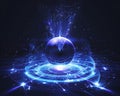 Abstract luminous sphere with geometric patterns, energy beams and glowing lights in dark scene Royalty Free Stock Photo