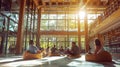 Luminous study space: students collaborate in a modern library bathed in sunlight Royalty Free Stock Photo