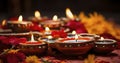 Luminous Traditions - Happy Diwali. Traditional Indian festival of light. Burning diya oil lamps and flowers. Generative AI