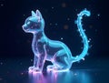A luminous, translucent cat hologram sits against a dark backdrop, its form outlined in glowing light