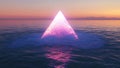 A luminous triangular neon frame, emitting ultraviolet light, hovers over a liquid surface, creating a holographic