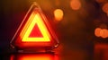 A luminous triangular warning sign with a red glow is displayed against a blurred background