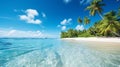 Luminous Tropical Beachscape. Scenic Summer Shoreline with Blue Sky, Palm Trees, and Serene Ocean