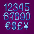 Luminous tubular numbers with currency signs of American dollar, euro, British pound, Japanese yen. Vector symbols Royalty Free Stock Photo