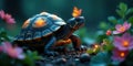 A luminous turtle, adorned with soft light, ambles through a tranquil garden, a delicate butterfly gently perched upon its shell, Royalty Free Stock Photo