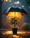 Luminous Umbrella Protects a Sapling in the Rain Royalty Free Stock Photo