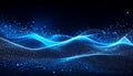 Luminous, undulating blue waves composed of dots and particles create a dynamic, abstract, technological landscape against a dark