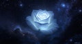 Luminous White Pixelated Rose with Cosmic Nebula Background and Glowing Light Effect Creates Ethereal Visual Display for Digital Royalty Free Stock Photo