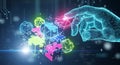 Futuristic digital hand interacts with glowing neon puzzle pieces representing innovation and connection Royalty Free Stock Photo