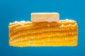 A lump of butter is melted on hot cooked corn. A large ear of yellow corn is shown against a light blue background