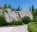 Lump of gabbro diabase - stone, tourist attraction in Vorontsovsky Park, Crimea