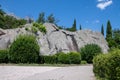 Lump of gabbro diabase - stone, tourist attraction in Vorontsovsky Park, Crimea