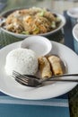 Lumpia Shanghai with rice and Pancit Canton Guisado, two popular Filipino cuisines