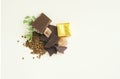 Lumps of dark chocolate, brown sugar and coffee Royalty Free Stock Photo