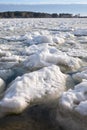 Lumps of snow and ice frazil on the surface of the freezing rive