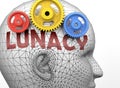 Lunacy and human mind - pictured as word Lunacy inside a head to symbolize relation between Lunacy and the human psyche, 3d Royalty Free Stock Photo