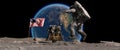 Lunar astronaut jumping on the moon and saluting the American flag. Astronaut walking on the moon. Some Elements of this