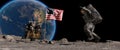 Lunar astronaut jumping on the moon and saluting the American flag. Astronaut walking on the moon. Some Elements of this Royalty Free Stock Photo