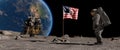 Lunar astronaut jumping on the moon and saluting the American flag. Astronaut walking on the moon. Some Elements of this