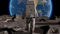 Lunar Astronaut In Space Suit Walking On the Moon. Planet Earth Is Visible. 3d rendering.