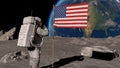 Lunar astronaut walks on the moon with American flag and salutes. Some Elements of this video furnished by NASA. 3d Royalty Free Stock Photo