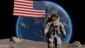 Lunar astronaut walks on the moon with American flag and salutes. Some Elements of this video furnished by NASA. 3d Royalty Free Stock Photo