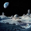 Lunar base in a not-so-distant future, featuring astronauts, futuristic buildings, and the Earth in the starry sky. Generative AI