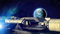 Lunar base, spatial outpost. First settlement on the moon. Space missions. Living modules for the conquest of space Royalty Free Stock Photo
