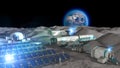 Lunar base, spatial outpost. First settlement on the moon. Space missions. Living modules for the conquest of space