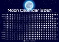 Lunar calendar with moon and stars. Template for design. Vector illustration. Navy blue background. Poster. Tutorial Royalty Free Stock Photo