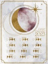 Lunar calendar for 2023 in Northern Hemisphere. Moon calendar with watercolor moon and moon phases with golden texture Royalty Free Stock Photo