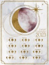 Lunar calendar for 2023 in Southern Hemisphere. Moon calendar with watercolor moon and moon phases with golden texture
