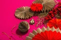 Lunar Chinese New Year concept. Oriental asian style paper fans, traditional decor, minimal concept