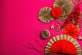 Lunar Chinese New Year concept. Oriental asian style paper fans, traditional decor, minimal concept