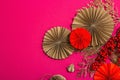 Lunar Chinese New Year concept. Oriental asian style paper fans, traditional decor, minimal concept